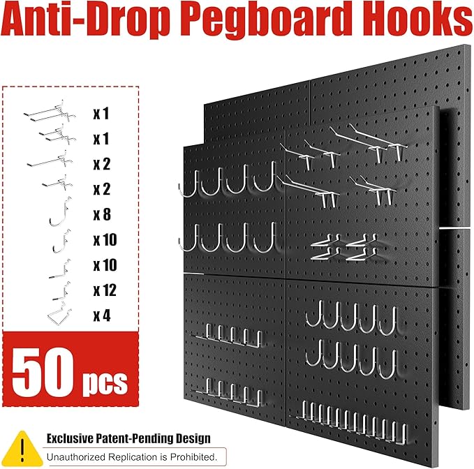 Peg Board 8 Pack Metal Pegboard Panels with 50 Hooks, Heavy Duty Pegboard Wall Organizer, Black Pegboards for Workbench, Garage Tool Storage, Office Organization, Kitchen, Craft Room
