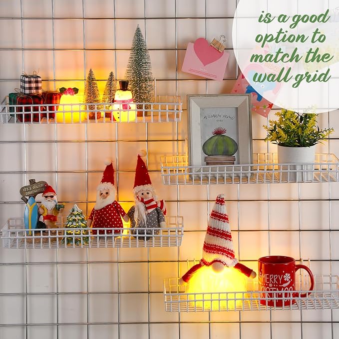 Blulu 4 Pcs 15.75 x 5.91 x 1.97 Inch Metal Grid Wall Baskets with Hooks Grid Wall Shelves Hanging Wire Basket Multi Function Storage Organizer for Kitchen Organizing Display (White)