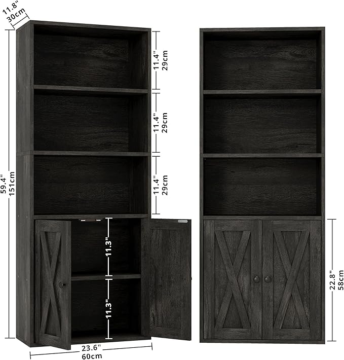 IRONCK Industrial Bookshelves and Bookcases with Doors 11.8 in Depth Set of 2 Floor Standing 5 Shelf Display Storage Shelves Bookcase Home Decor Furniture for Home, Office, Living Room, Bedroom