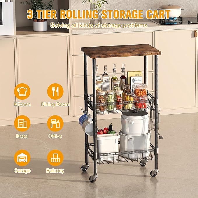 Homeiju Rolling Kitchen Storage Cart, 3-Tier Storage Rack on Caster Wheels with Adjustable 2 Baskets, Coffee Station Cart Rack Shelf Organizer for Living Room Office, Balcony, Rustic Brown/Black