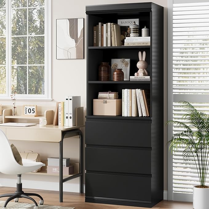 GarveeHome 70" Tall Bookcase with Drawers, Bookshelf w/ 3 Tier Open Shelves & 3 Storage Drawers, Modern Deep Storage Book Shelf Storage Cabinet Organizer for Living Room Office Library (Black-Q)