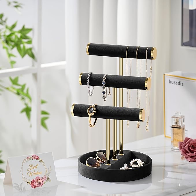 Bracelet Holder Jewelry Organizer Display - 3 Tier T Bar Velvet Stand, Black Necklace Holder Organizer, Bracelet Holder, Earring Holder and Ring Display for Jewelry Organizers and Storage