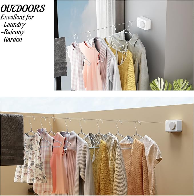 Retractable Clothesline Indoor, Non-Sagging Clothes Line Retracting Outdoors, Wall Mounted Clothes Line Outdoors Set,13.8 Ft Heavy-Duty Retractable Laundry Line,White