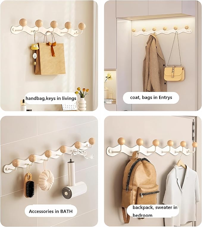 Coat Rack Wall Mounted,White Coat Hooks Adhesive & Screw in,Anti-Tear Wooden Ball Hook Rail, Heavy Duty Metal Coat Hangers for Entryway, Bathroom, Bedroom, Kitchen 2PACK (4-tri Hooks)