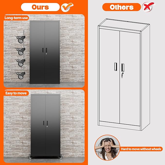 Aobabo 73" H Metal Storage Cabinet with Wheels for Garage, Rolling Tool Cabinet with 4 Shelves, for Home Office, Black, Assembly Required