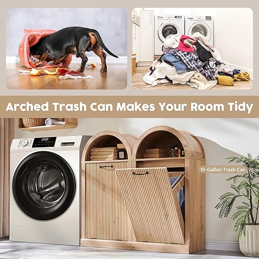 Arched Tilt-Out Trash Can Cabinet, Fluted 10 Gallon Trash Can Cabinet Set of 2, Modern Laundry Hamper, Hidden Garbage with Storage Basket for Kitchen, Living Room, Natural