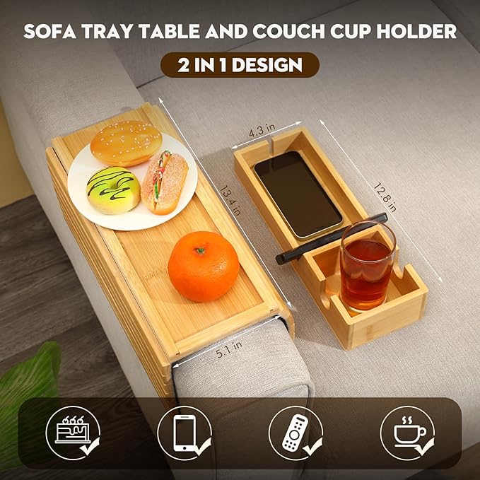 Bamboo Couch Arm Tray with Detachable Cup Holder, 2 in 1 Foldable Anti-Falling Design for Cups, Snacks, Remote, Cellphone