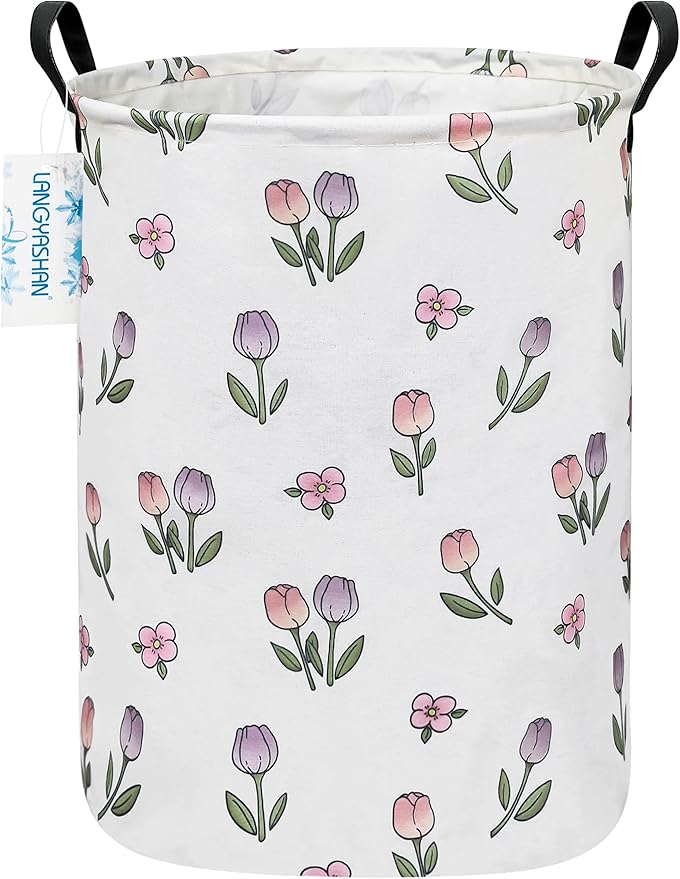 LANGYASHAN Laundry Basket Canvas Fabric Collapsible Organizer Basket for Storage Bin Toy Bins Gift Baskets Bedroom Clothes Children Nursery Hamper (Tulip)