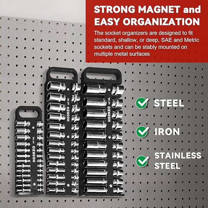 Magnetic Socket Holder Set with Handle, Portable Socket Organizer, Heavy Duty Socket Racks (Black, 3/8" Drive)
