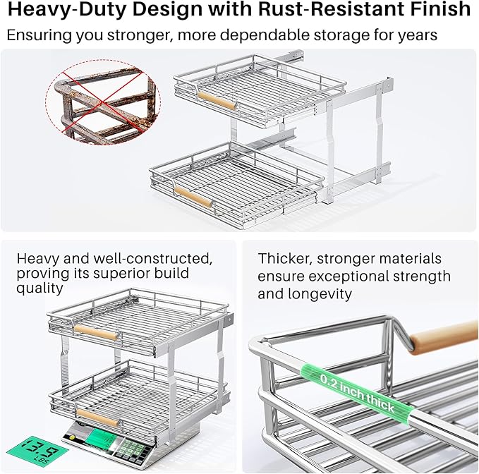 Pull out Cabinet Organizer, 2 Tiers 15"W X 21"D, Heavy Duty Smooth Sliding Under Cabinet Shelves for Pots and Pans, Full-Extension Roll out Drawers, Slide out Organization for Home Kitchen Pantry