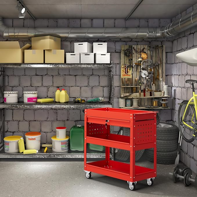 3 Tier Tool Cart on Wheels with Drawers - Three Tier Rolling Cart with Lockable Storage - Mechanic Tool Chest - Tool Chest with Wheels Used in Garage, Indoors, Workshop (Red)