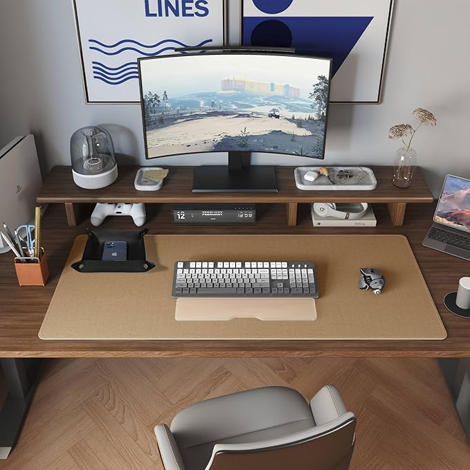 DAWNTREES Dual Sided Desk Mat,Leather Desk Pad,Black Cork Desk Mat Protector,with PU Leather Valet Tray Organizer,Large Mouse Pad,Desk Writing Pad for Office and Home(31.5"x15.8")