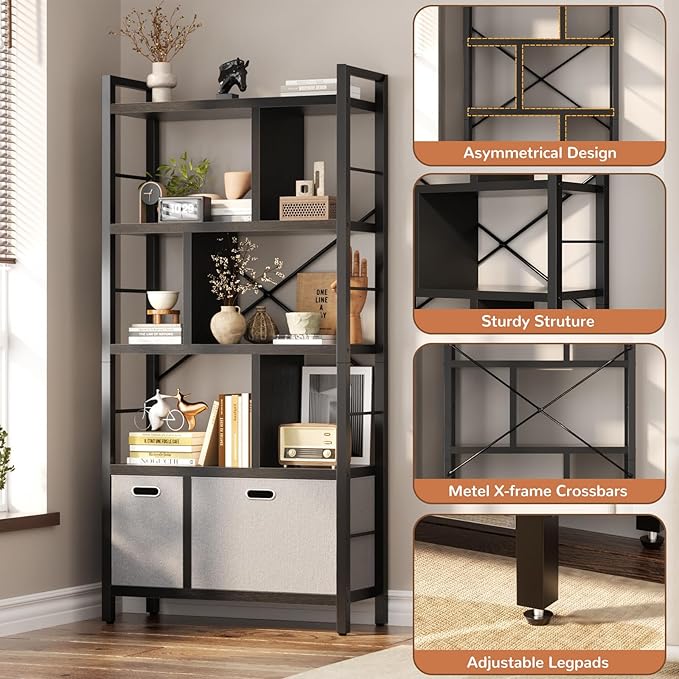 Armocity Bookshelf with Drawers - 5 Tier Tall Bookcase Geometric Modern Book Shelf Display Standing Bookshelves with Storage for Living Room, Bedroom Home Office, Black