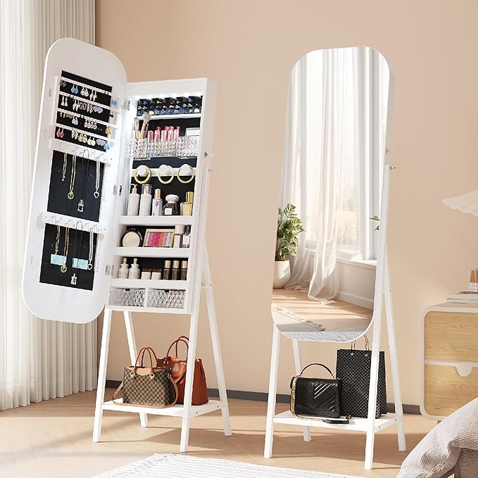 6 LED Mirror Jewelry Cabinet - Wall/Door Mounted Jewelry Armoire with Large Capacity - Lockable Tall Hanging Organizer - Cosmetic Storage & Gift Idea - White