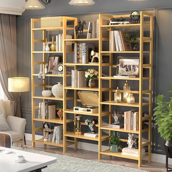 Homykic Bamboo Triple Wide Bookshelves and Bookcases, 6-Tier Shallow Open Bookcase with 17 Display Shelves, 6ft Super Large Freestanding Book Shelf for Home Office, Bedroom, Living Room