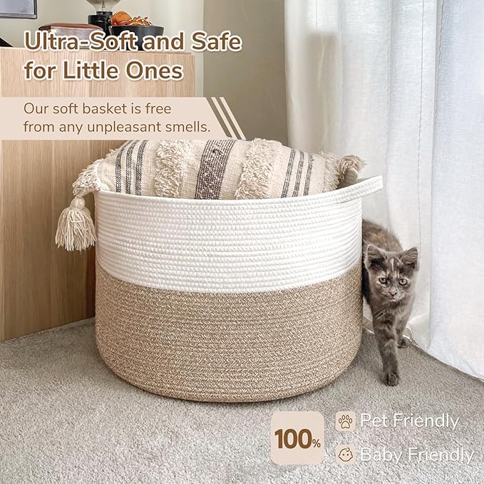 INDRESSME Large Laundry Basket, 21.7'' x 13.8'' Cotton Rope Blanket Basket Living Room Toy Baskets Storage Kids, Woven Baskets for Dirty Clothes, Pillows, Towel, 90L Light Brown