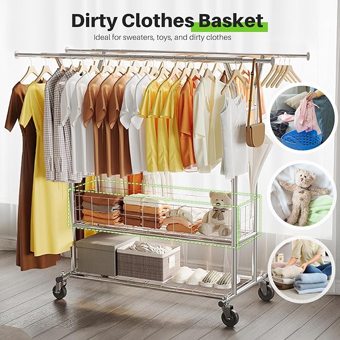 HOKEEPER Heavy Duty Clothes Rack Load 625 LBS, Clothing Rack for Hanging Clothes Adjustable Rolling Garment Rack with Wheels for Bedroom, Living Room (Double Rod with Metal Basket)