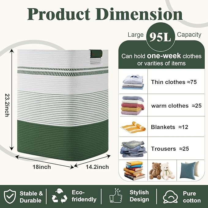 Laundry Hamper, 95L Tall Laundry Basket with Leather Handles, Rectangle Large Clothes Hamper for Organizing, Cotton Woven Laundry Baskets Storage Hampers for Bedroom, Nursery, Living Room