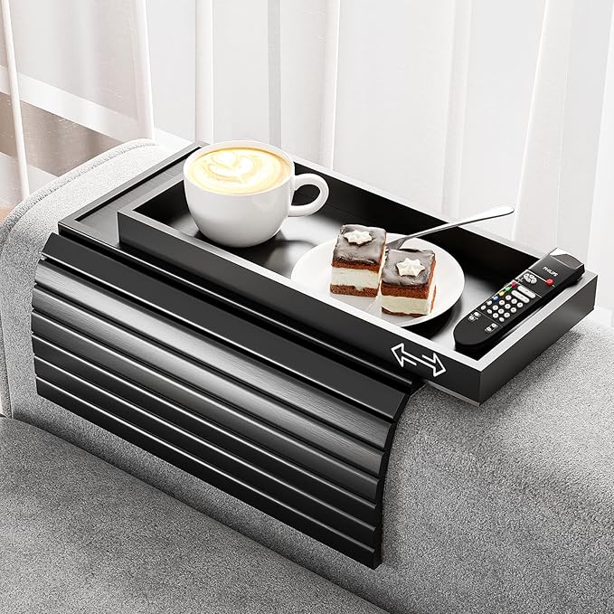 Sofa Arm Rest Tray Table for Couch - 2-in-1 Couch Arm Table with Be Slide Detachable Tray - Anti-Slip Foldable Sofa Armchair Caddy for Drinks Cup Cellphone TV Remote Snacks (Black)