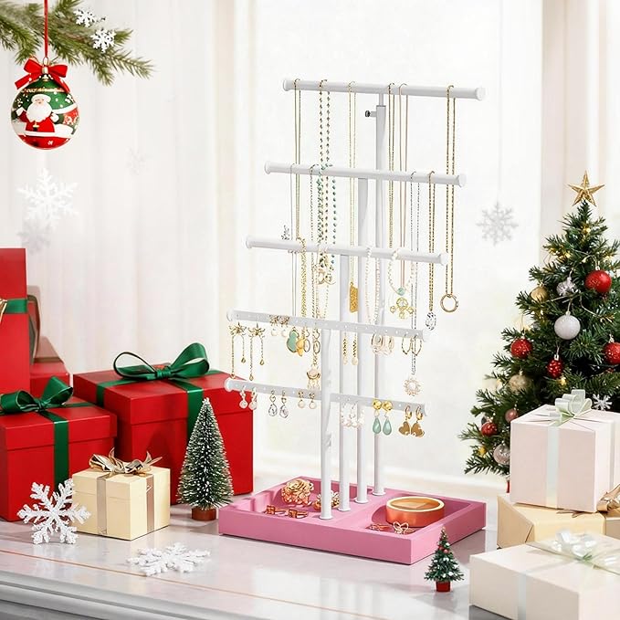 Love-KANKEI Jewelry Organizer Stand, 5 Tier Large Necklace Holder with Wood Base, Jewelry holder stand Tree for Display, Bracelets Earrings Rings, Height Adjustable Gift Pink and White
