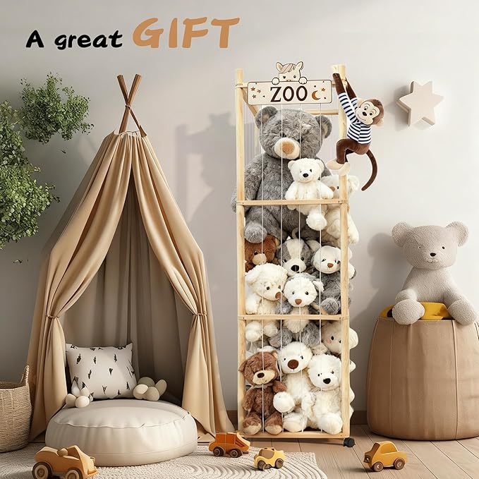 Stuffed Animal Storage Organizer, 55In Large Wooden Zoo Toy Storage Holder with Brake Wheels & Elastic Band, Space Save Stuffy Plushies Organizers for Playroom, Bedroom and Nursery