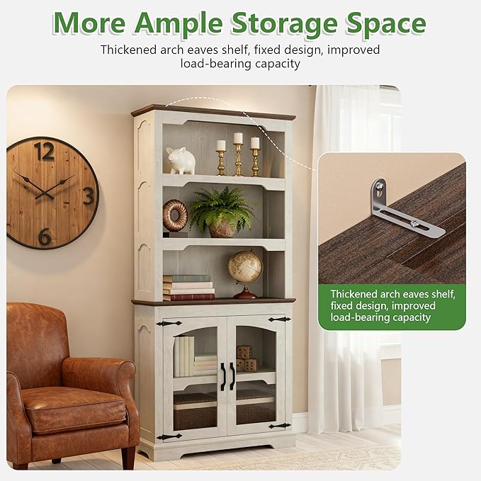 70 Inch Farmhouse Bookcase, Distressed White and Walnut Two-Tone Shelves, 5 Tier Bookshelf with Arched Trim Glass Doors, Living Room Storage Cabinet Unit, 31.5x11.8 Inches (White&Walnut, Glass Doors)