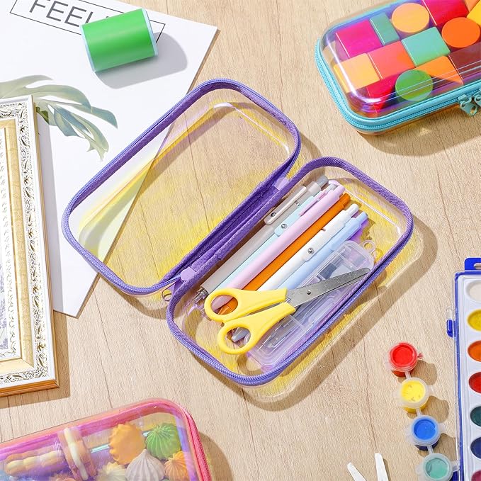 Sanwuta 6 Pcs Clear Hard Zipper Case Hard Plastic Zipper Pouches Transparent Makeup Bag Pencil Pouches for Travel Snacks Christmas Trinket Storage Organizer Box(Holographic,7.48 x 3.94 x 2 Inch)
