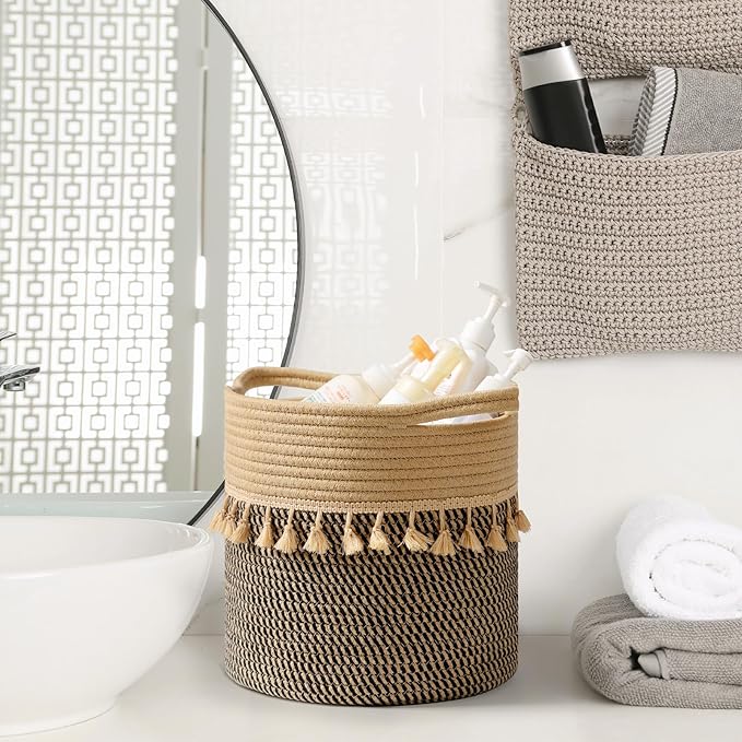 danpinera Pack of 3 Storage Baskets, 11"x11" Round Woven Baskets, Cotton Rope Basket for Storage Pillows, Towels, Toy, Clothes, Magazines, Black & Brown