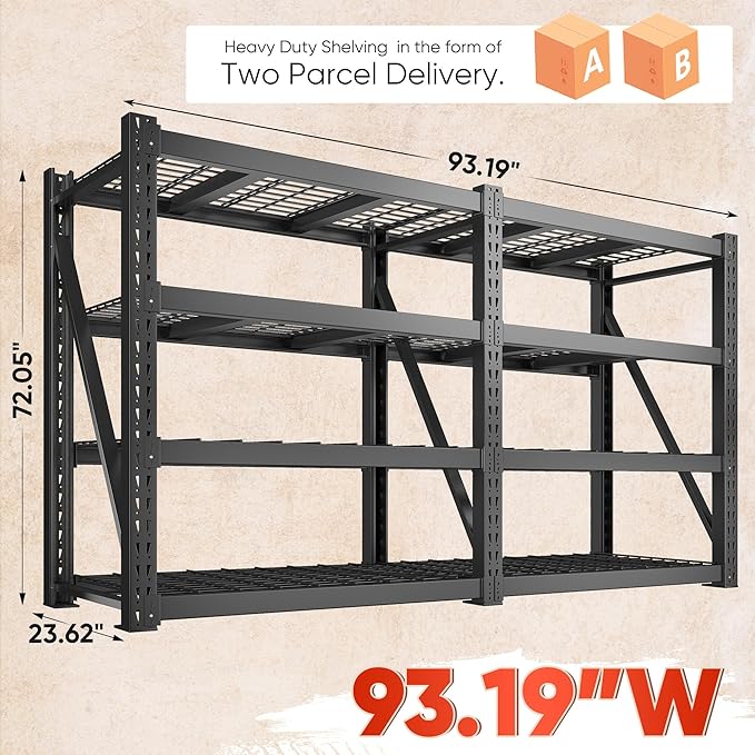 Bepatio 93" W 4-Tier Industrial Garage Shelving 9348LBS Heavy Duty Shelving with 2337LB/Shelf Metal Shelving Unit for Warehouse,Basement, Commercial Shelves,Garage Storage,Black