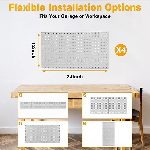 Pegboard Smith Metal Pegboard Panels 12" x 24", 4 Pack Grey Wall Mounted Tool Organizer Boards, Heavy Duty Tool Storage Peg Board for Garage, Workbench, Office, Fits 1/4" Peg Hooks