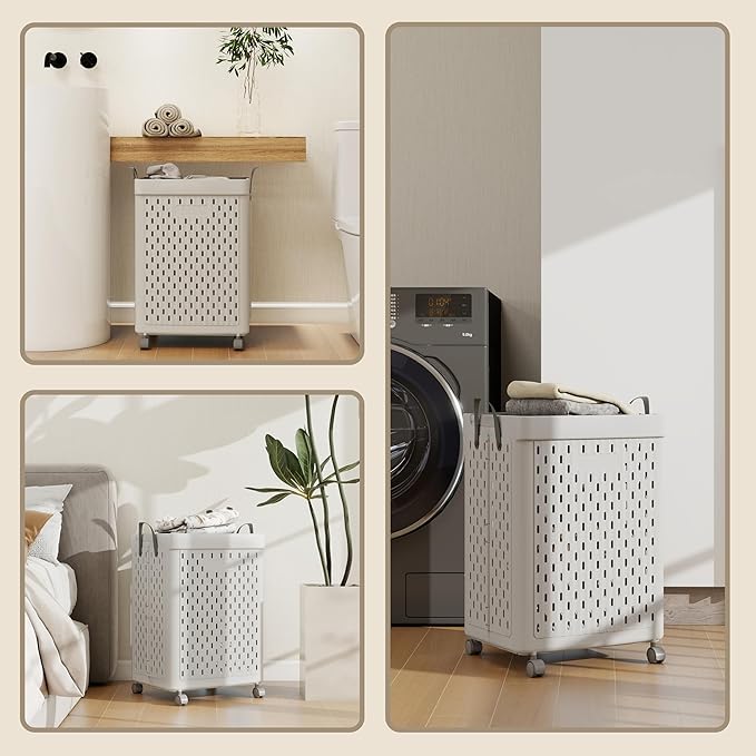 UAK Laundry Basket with Wheels, Collapsible Plastic Laundry Hamper with Handle, Foldable Laundry Basket Organizer for Laundry and Bathroom (Soft Gray, XXL)