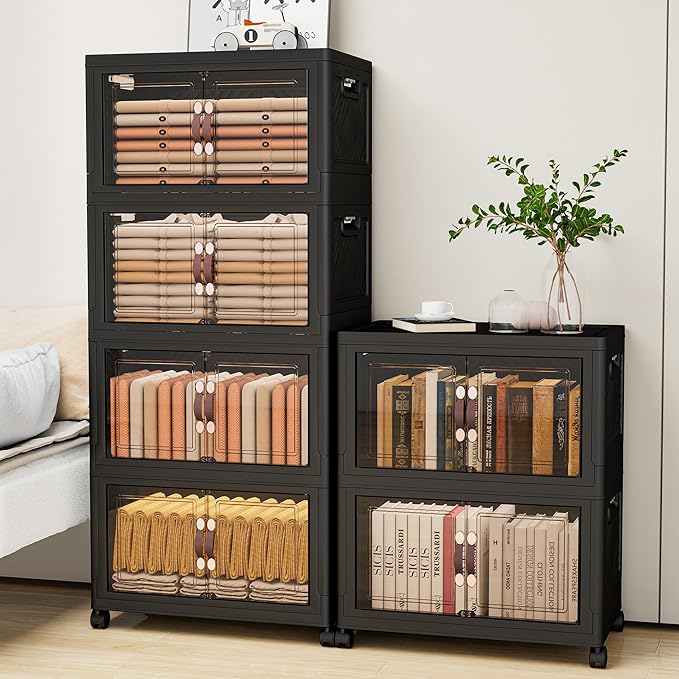 Storage Bins with Lids and Wheels, Collapsible Bathroom Storage Cabinet with Clear Doors, Plastic Stackable Closet Organizers and Storage Containers Black 398 QT