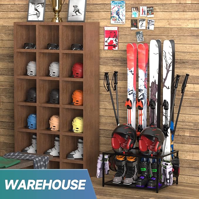 Freestanding Ski Holders for 4Pairs of Skis Ski Boot, Poles,Goggles, Helmet and More,Storage Rack for Garage, Heavy Duty Steel Floor Stand Ski Organizer for Garage Basement(Double-Layer storage shelf)