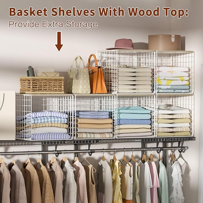 4 Pack Closet Organizers and Storage with Wood Top, Stackable Closet Shelf Organizer, Double Storage Design, Clothes Storage Basket/Cube Organizer for Wardrobe, Sturdy, White (Patent Pending) ﻿