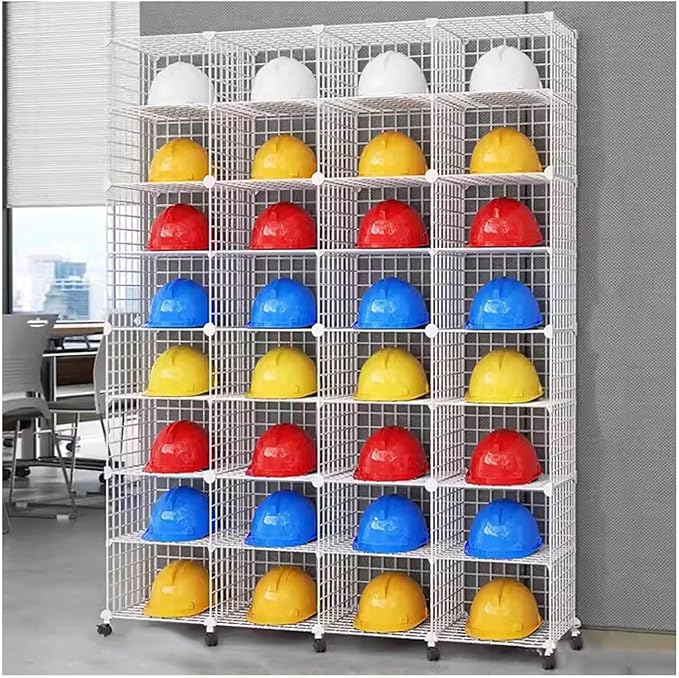 Stackable Safety Helmet Storage Boxes, Large Adjustable Hard Hat Placement Organizer Rack,with Wheels,for Construction Site/Garage/Workshop/Factory Helmet Display Shelf (White, 32 Grids-4 * 8)