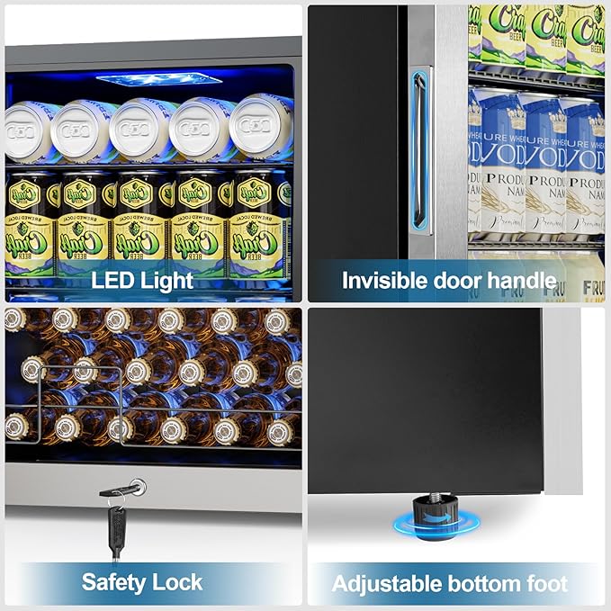 Mini Beverage Refrigerator 3.2 Cu. Ft Small Fridge 126 Can Lockable Drink Cooler with Glass Door, Safety Lock, For Beer Soda, Silver