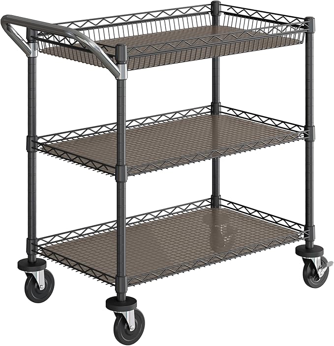 Seville Classics UltraDurable NSF Commercial Heavy Duty Metal Rolling Utility Cart, w/Steel Shelves, Handle Bar for Garage, Warehouse, Kitchen, Office, Deep Top Basket (34.75" W x 20.25" D), Graphite
