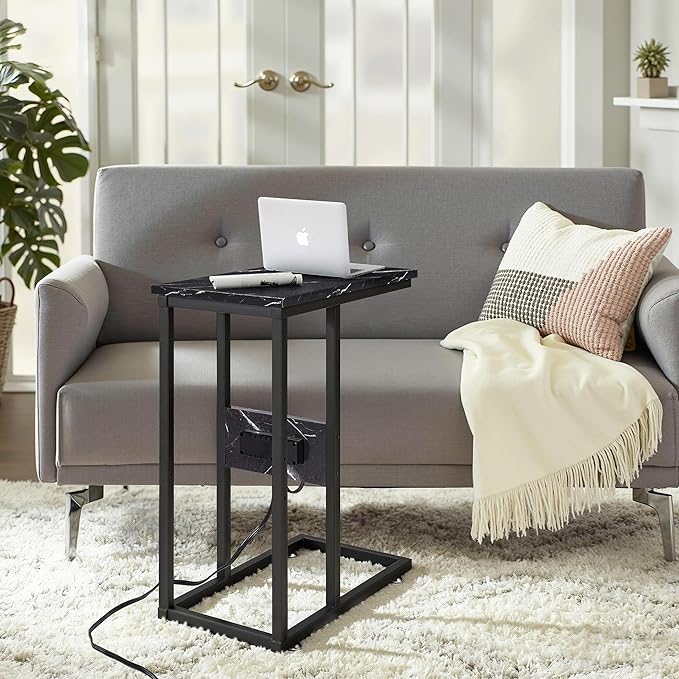 VECELO C Shaped End Side Table with Charging Station & Power Outlets for Couch Sofa/Bed, Snack TV Tray with Metal Frame for Living Room Bedroom 2 PCS Black Marble