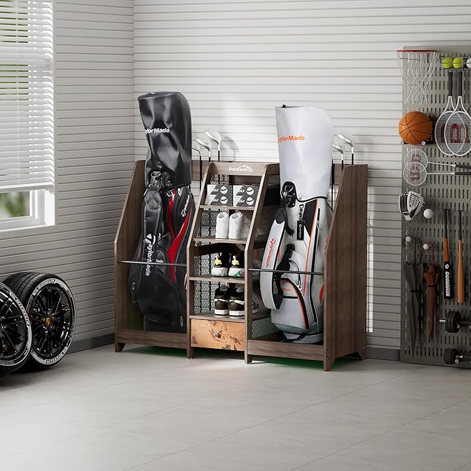 Golf Bag Storage Organizer for Garage, Premium Wooden 2 Golf Bags Rack with Drawer, Easy Assemble Golf Club Stand/Holder Suitable for Garage Home Simulator and Office