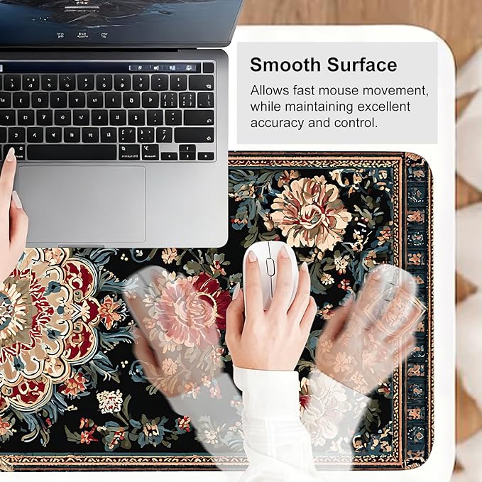 Vintage Persian Carpet Mouse Pad – Large Extended Desk Mat 31.5 x 11.8 in – Oriental Floral Rug Design, Non-Slip Rubber Base, Stitched Edges, Soft Keyboard & Mouse Mat for Office or Gaming