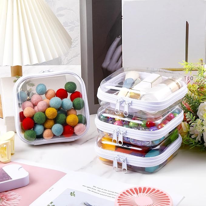 Hoolerry 4 Pcs Hard Clear Zipper Case Makeup Bags Plastic Pencil Pouch Transparent Storage Box Containers for Cosmetics, Snacks, Building Blocks, Puzzles(White,5 x 5 x 2 in)