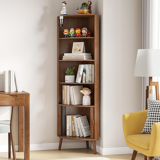 Corner Cabinet, 66.73'' Tall Modern Corner Bathroom Storage Cabinet with 2 Fluted Doors and Shelves, Home Space Saver for Kitchen, Living Room, Study Room(Walnut, 66.73''H)