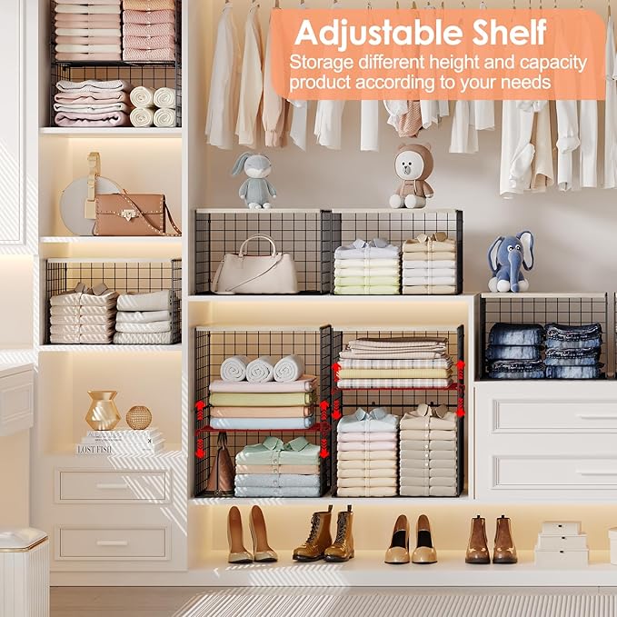 5-Tier Large Stackable Closet Organizer and Storage Basket, Sturdy Closet Shelf Organizer with Wood Top, Stackable Storage Bins Cubes for Clothes with Adjustable Shelf for Wardrobe Organization