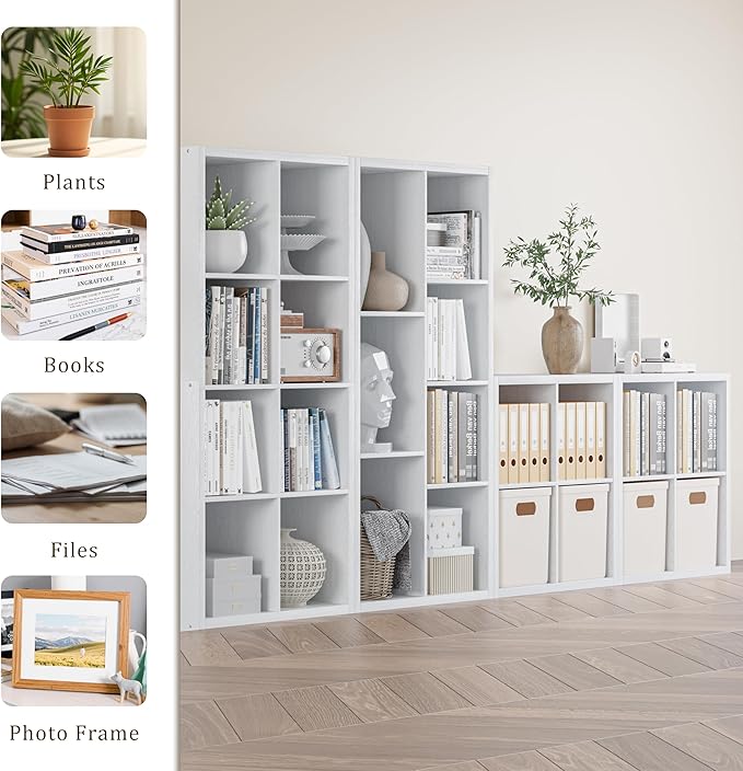 Cube Storage Organizer Bookcase, Decorative 11 inch Open Back Cubical Shelf with Thickened Border, Display Bookshelf for Living Room, Home Office, Sturdy Room (White, 7 Cube)