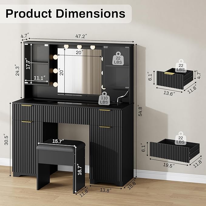 ONME 47.2" Fluted Makeup Vanity Desk with Mirror and Lights, Vanity with Chair, Modern Glass Top, Drawers & Adjustable Shelves, Dressing Table Set for Bedroom or Apartment