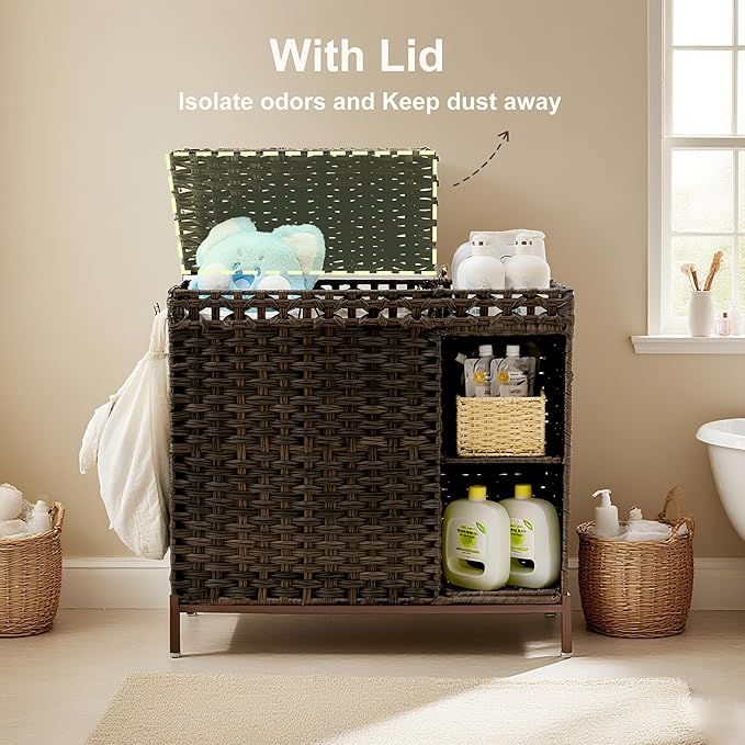 Laundry Hamper with Lid, 110L (29.1 Gal) Rattan Laundry Hamper 2 Section with 50L (13.2 Gal) Storage Shelf, Wicker Woven Laundry Sorter Basket with 3 Liner Bags and Handles, Brown GLH002BR