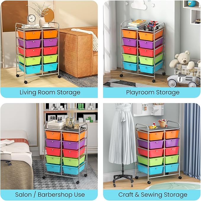 Giantex 10 Drawers Rolling Cart, Classroom Organizers, Storage Cart with Wheels, for Teacher Office Home School Supplies Tool Craft Art Paper, Rainbow Color