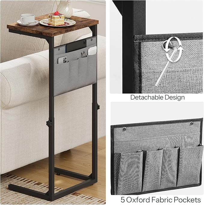 HOOBRO C Shaped End Table, Set of 2, 29.5’’ Adjustable Height Side Table with Storage Pockets, Couch Table Slide Under for Sofa, Small Space, for Living Room, Rustic Brown and Black BF77SFP201