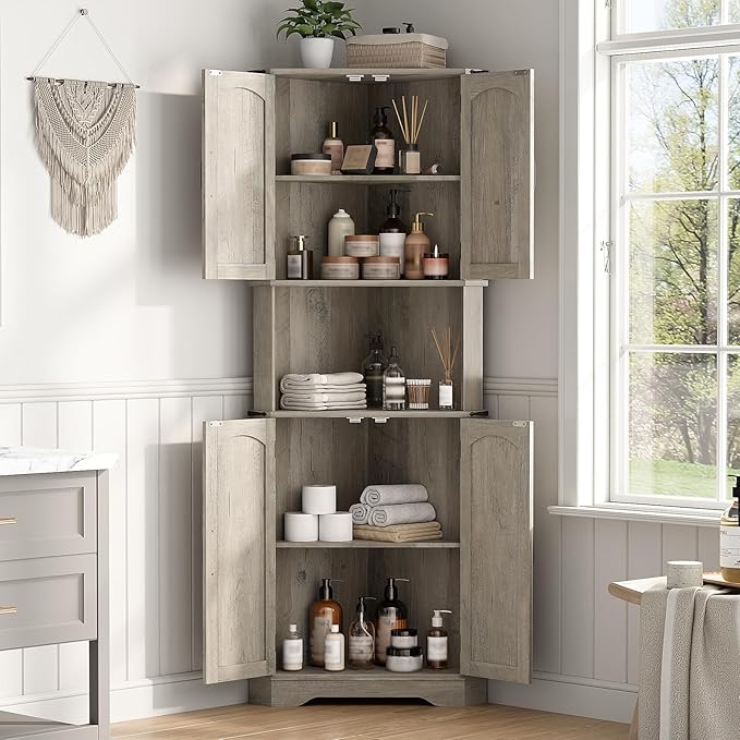 Maupvit Tall Corner Cabinet, Farmhouse Corner Storage Cabinet with 4 Barn Doors and Adjustable Shelves, Storage Pantry Cabinet for Kitchen, Living Room, Laundry Room, Grey