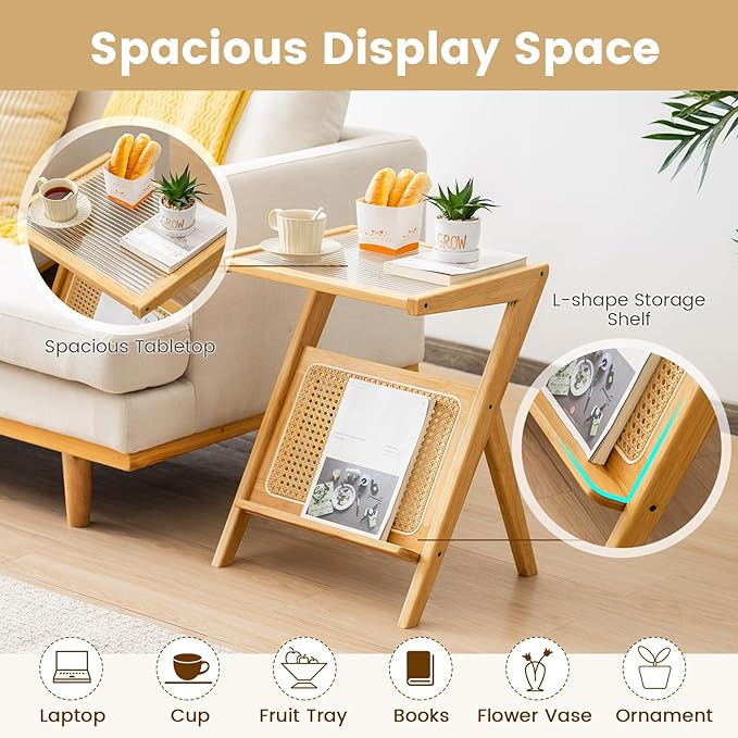 GOFLAME Rattan Side Table, Z-Shaped End Table with Tempered Glass Top, Magazine Rack, Boho Night Stand, Small Coffee Table, Bamboo Accent Bedside Table for Living Room, Bedroom, Natural